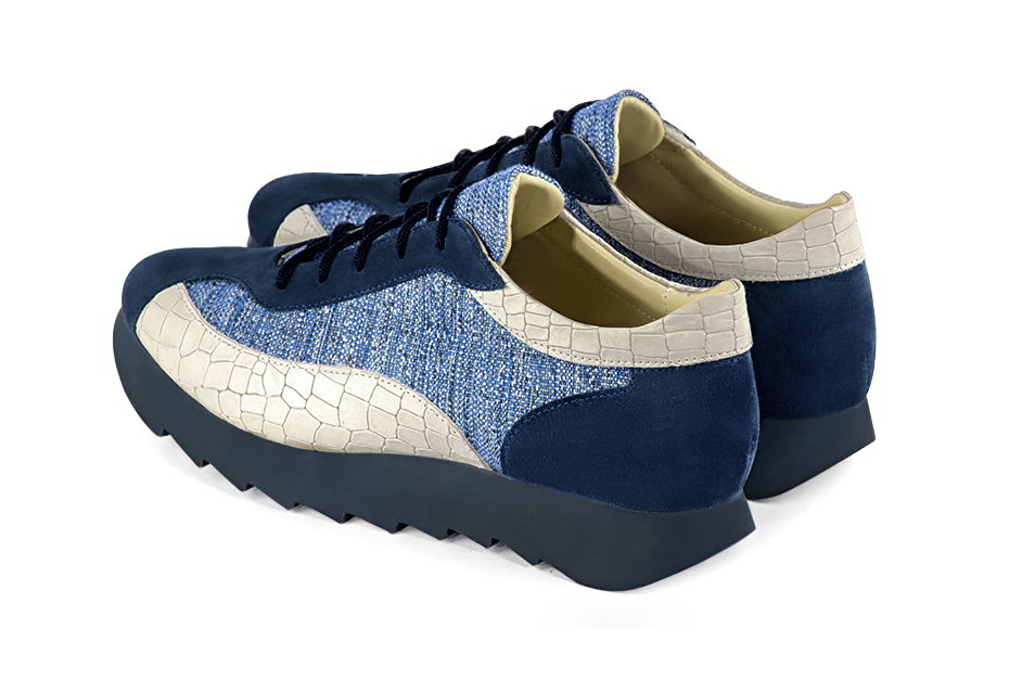 Navy blue and off white women's three-tone elegant sneakers. Round toe. Low rubber soles. Rear view - Florence KOOIJMAN